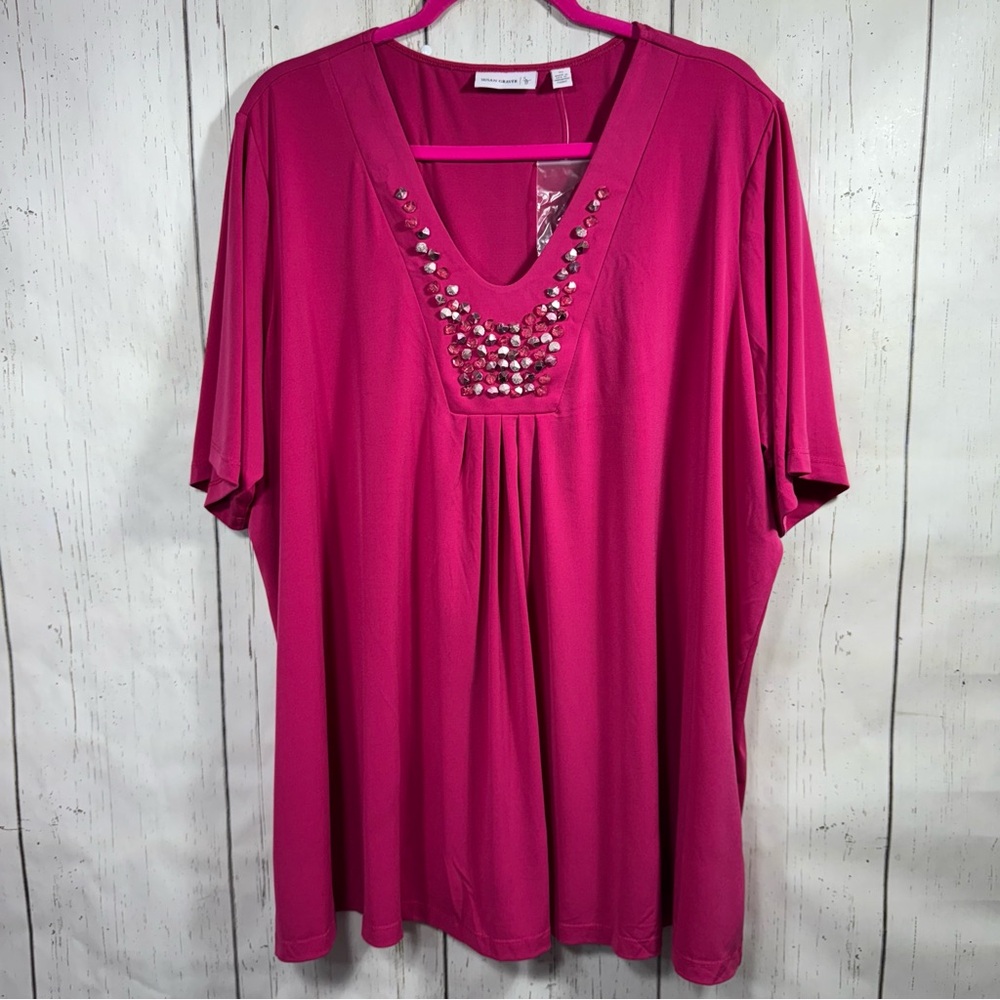 Susan Graver Liquid Knit Pink Embellished Tunic Top 3X Glam Resortwear Feminine - Picture 1 of 13